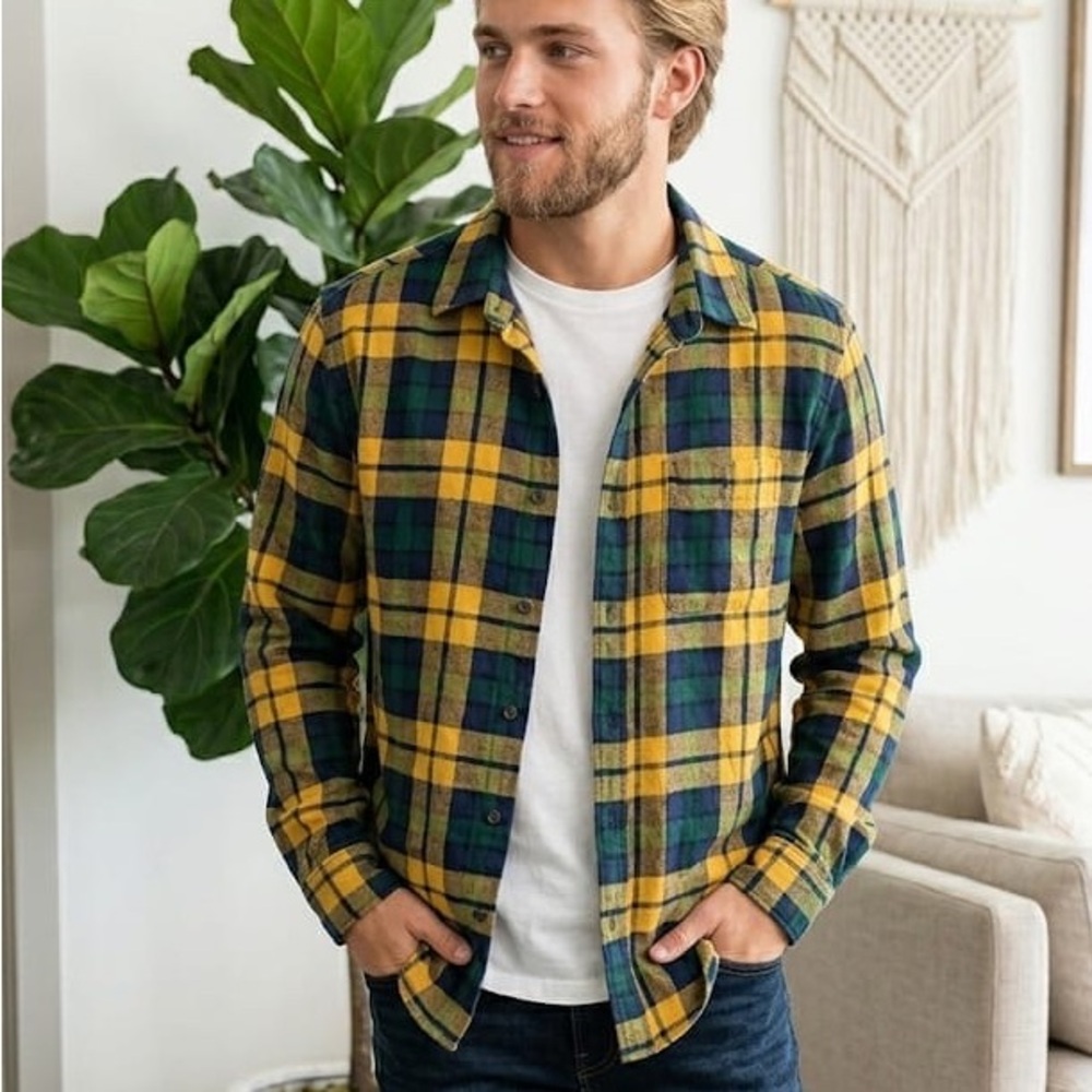 Aeropostale Yellow and Green Plaid Button-Down Shirt